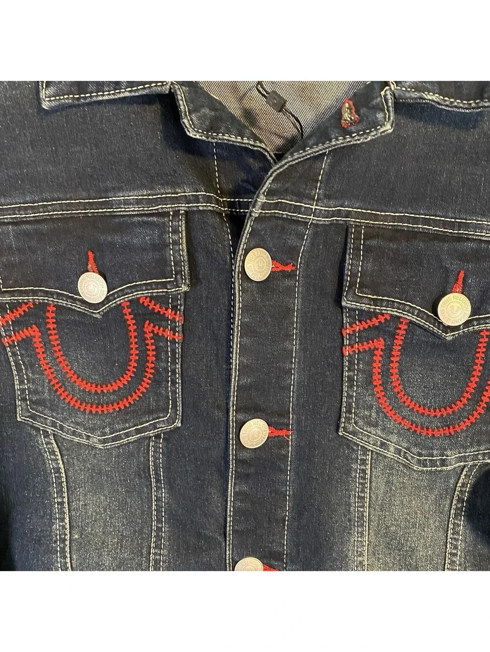 True Religion Jacket Men's L Blue Cotton Denim Western Faded Collared $184 MSRP